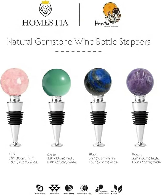 Homestia Green Gemstone Wine Stopper, Natural Crystal Wine Bottle Stopper Leak-Proof Reusable Wine Saver with Silicone Seal, Elegant Gift, Decorative Wedding Party