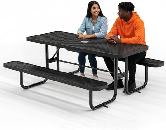 Metal Picnic Furniture for Outdoors with Umbrella Hole - Coated Steel Heavy Duty Commercial Grade Table with Adjustable Seats, Patio Set for a Lifetime (Black, 6' Rectangular, Punched Steel)