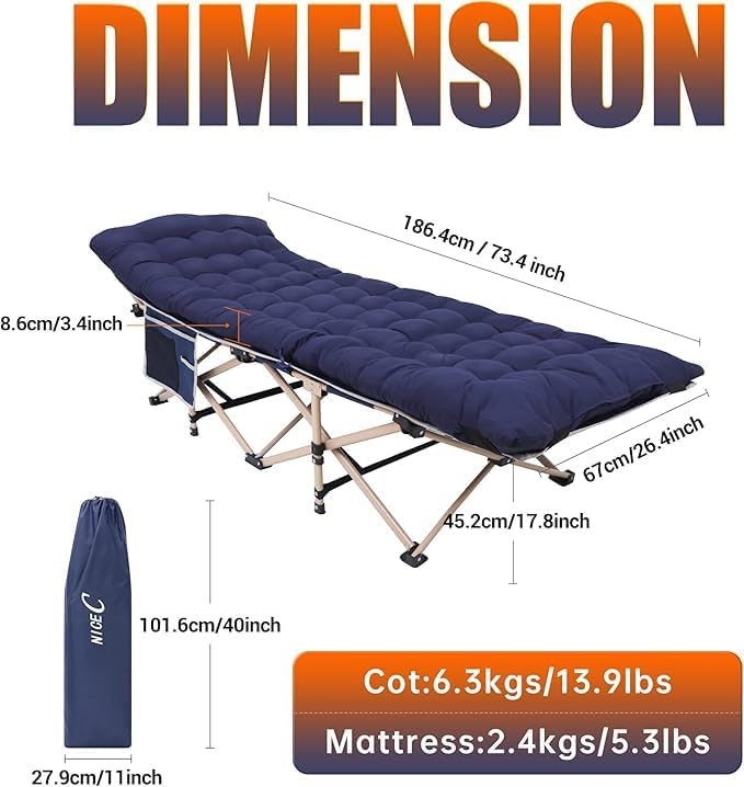 Nice C Heated Cot with Cushion, Heated Camping Cots, Folding Cots with Mattress for Adults, with Pillow, Carry Bag & Storage Pocket, Extra Wide Sturdy, Holds Up to 500 Lbs (2, Heated Mattress Navy)
