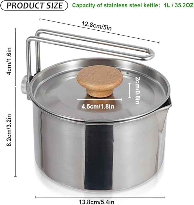 Stainless Steel Camping Pot with Lid and Removable Handle, Light Weight Outdoor Camping Kettle, Easy Clean Camp Boiling Pot, Cooking Pot for Picnic, Hiking, Backpacking, 1L/34oz