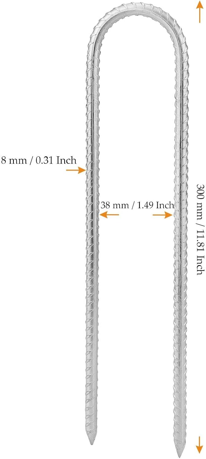 20pcs 12 Inch U Rebar Stakes, U Shape Ground Anchor Pegs Stakes, Trampoline Galvanized Stake for Camping Tent