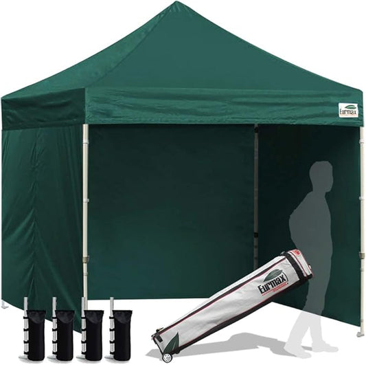 Eurmax USA 8'x8' Pop-up Canopy Tent Commercial Instant Canopies with 4 Removable Zipper End Side Walls and Roller Bag, Bonus 4 SandBags(Forest Green)