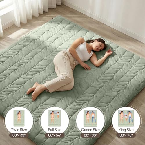 ZonLi Japanese Floor Mattress Futon Mattress King Size, 4" Thicken Roll Up Tatami Mat 100% Cotton Washable Cover, Portable & Foldable Floor Bed Mattress for Sleeping, Dormitory, Adult Kids, Green
