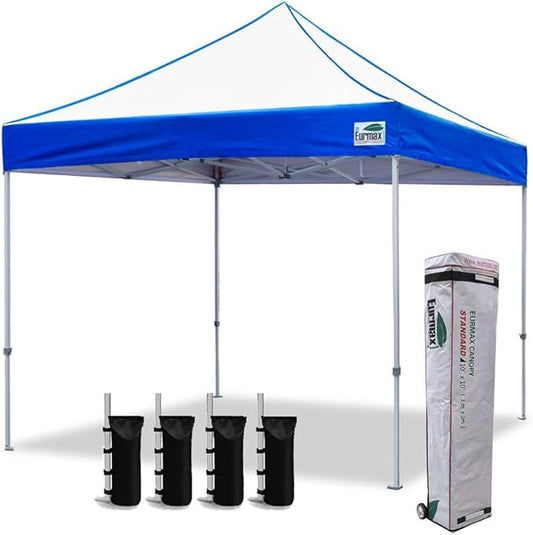 Eurmax USA Standard 10x10ft Patio Pop Up Canopy Tent for Outdoor Events Commercial Instant Canopies with Heavy Duty Roller Bag,Bonus 4 Canopy Sand Bags (Blue&White)
