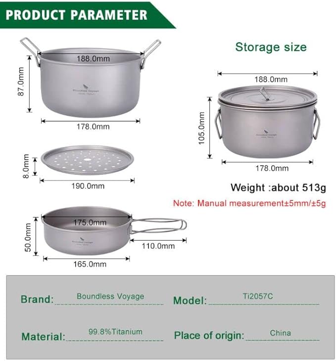 Boundless Voyage Multifunctional Titanium Steamer Pot with Frying Pan and Vented Lid Outdoor Camping Backpacking Kitchen