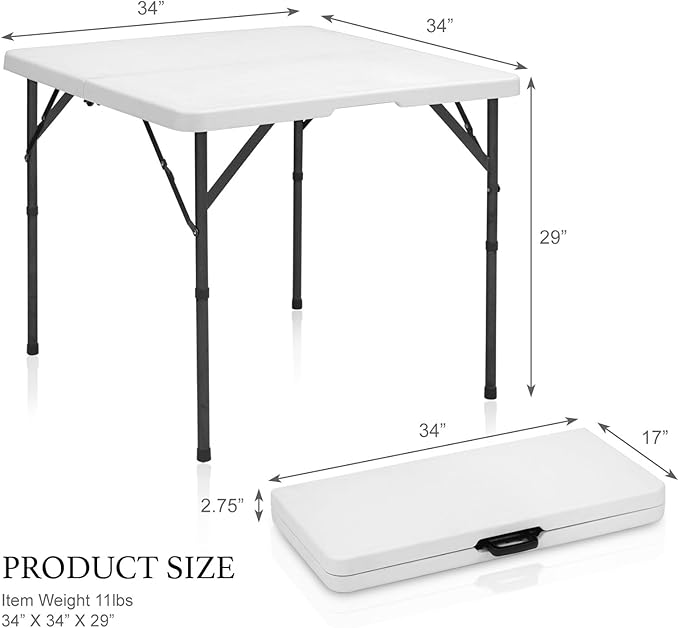 AJP Distributors 3 Foot Portable Plastic Square Folding Card Table 3FT 34" Half Foldable Heavy Duty Top w/Carry Handle - Indoor Outdoor Camping Picnic Party Wedding Dining Office Event Meeting White