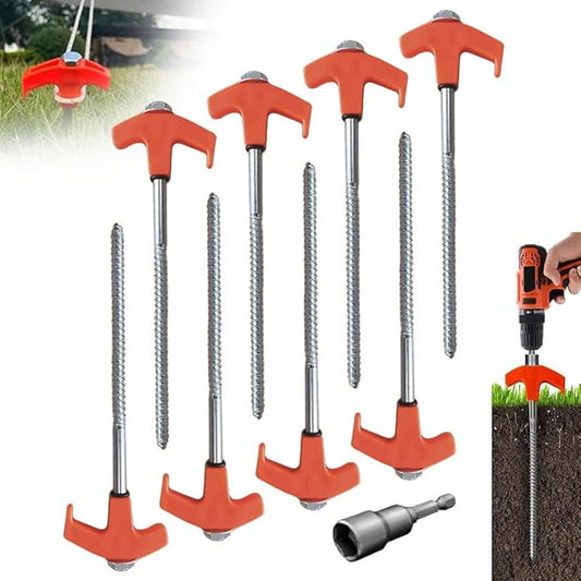 8" Screw in Tent Stakes - Ground Anchors Screw in, 2024 Upgraded Drillable Tent Stakes, Heavy Duty Metal Stake Ground Anchor Peg Threaded Tent Spikes with 1 Hex Head Driver