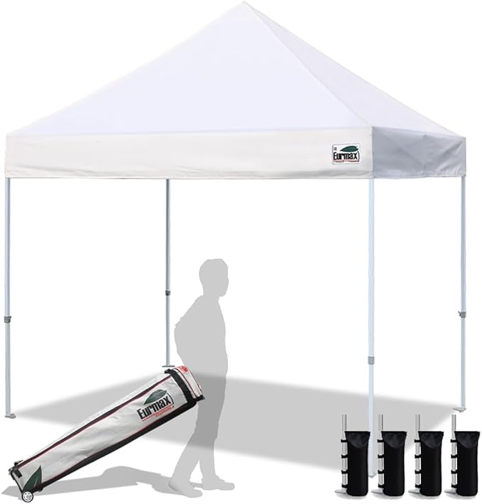 Eurmax USA 8'x8' Pop Up Canopy Tent Commercial Instant Canopies with Heavy Duty Roller Bag,Bonus 4 Sand Weights Bags (White)