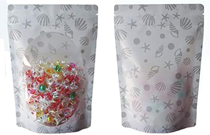100 Pieces Resealable Cartoon Stand Up Plastic Smell Proof Zip Lock Packaging Bags for Food Storage Package Pouches (Grey Conch Starfish,6.3x9.1 Inch)