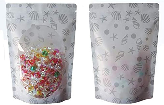 100 Pieces Resealable Cartoon Stand Up Plastic Smell Proof Zip Lock Packaging Bags for Food Storage Package Pouches (Grey Conch Starfish,6.3x9.1 Inch)