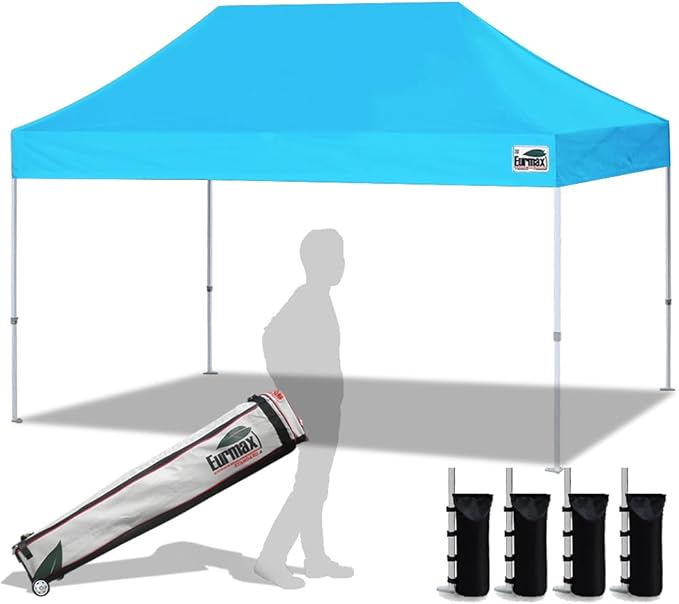 Eurmax USA 10'x15' Pop Up Canopy Tent Commercial Instant Canopies with Heavy Duty Roller Bag,Bonus 4 Sand Weights Bags (Sky Blue)