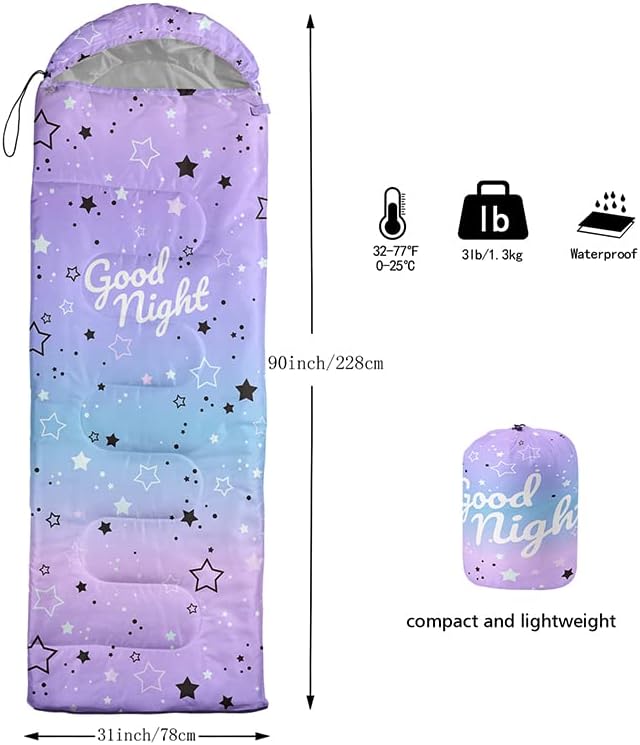 Datura home Kids Sleeping Bag for Boys,Lightcolor Purple Star-Lightweight Warm Outdoor Indoor-Waterproof Cold Weather Resistant Sleeping Bag for Camping Hiking(Star 32"*90")