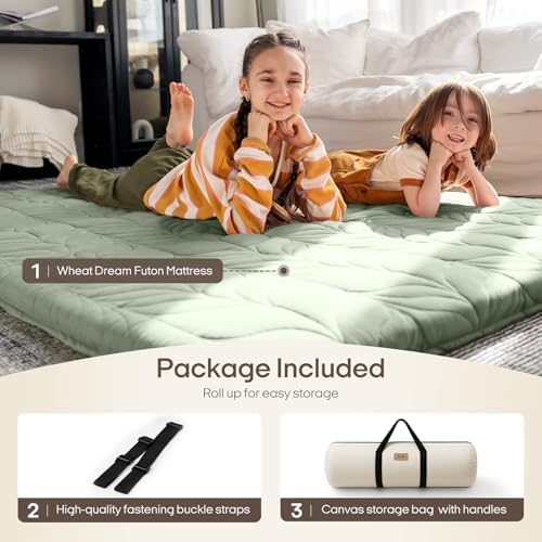 ZonLi Japanese Floor Mattress Futon Mattress Full Size, 6" Thicken Roll Up Tatami Mat 100% Cotton Washable Cover, Portable & Foldable Floor Bed Mattress for Sleeping, Dormitory, Adult Kids, Green