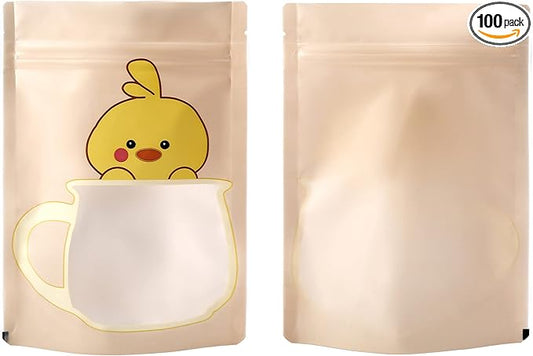 QQ Studio 100 Animal Designed Snack Bags, Plastic Bakery Bags, Cute Favor Bags for Snacks, Pastel Cookie Bags with Window, Zipper Seal Treat Storage Bags (5 Inch x 7 Inch, Peachy Duckling)