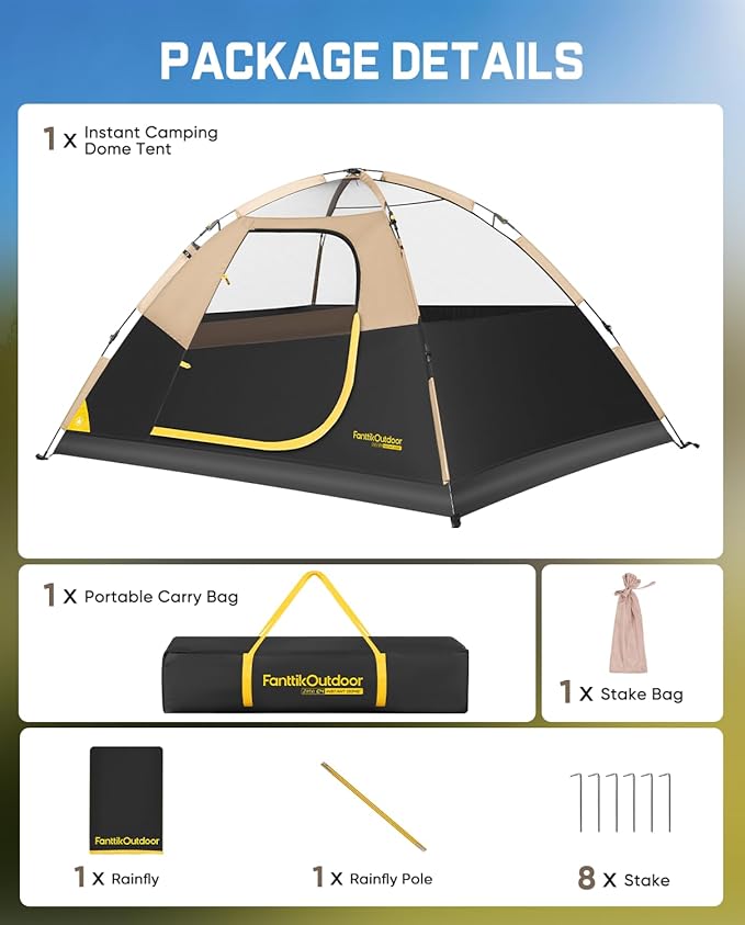 FanttikOutdoor Zeta C2/3/4 Camping Tent, 2/3/4 Person Instant Dome Tent, Easy Setup in 60s, Portable Waterproof Cabin Tent with Pre-Attached Poles & Air Vent, Ideal for Camping, Hiking, Backyard