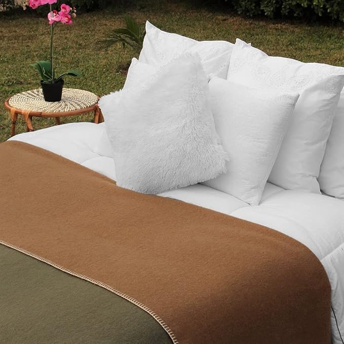 Thick Alpaca Wool Blanket Heavyweight for Camping Outdoors or Using Indoors | Soft Peruvian Alpaca Wool Blankets (Olive Green/Soft Camel, King)