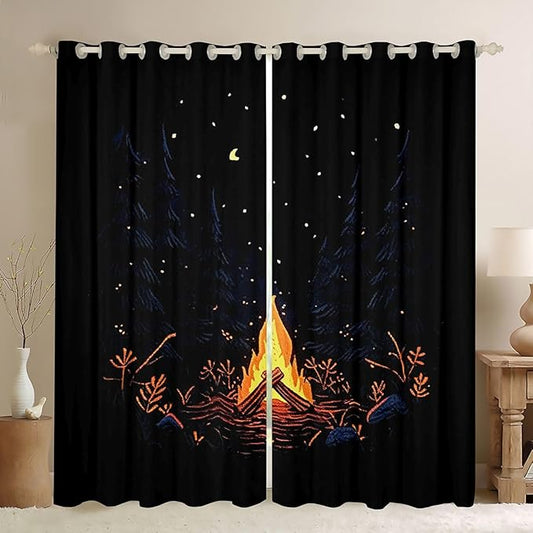 Feelyou Vintage Campfire Curtains for Bedroom Living Room Camping Camper Blackout Darkening Drapes Camping Decor Window Treatments, 2 Panels 52 x 63 Inch Room Decor
