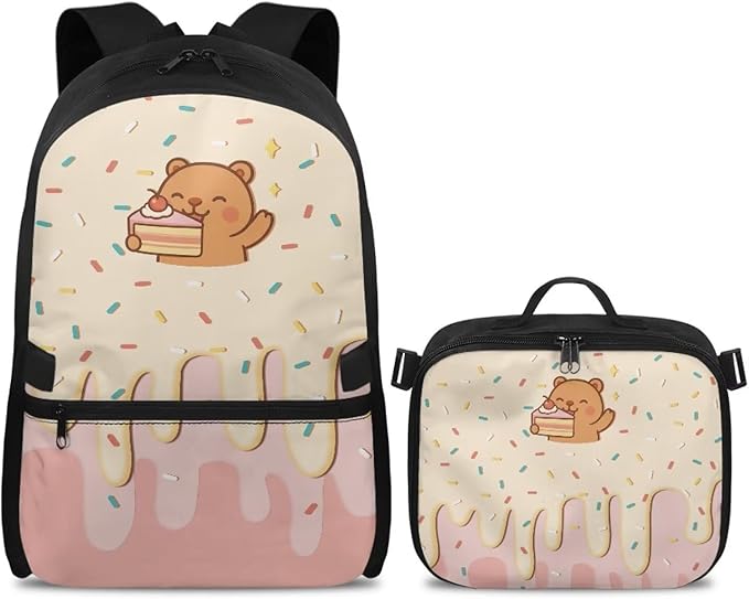 HUGS IDEA Cake Bear Backpack for Girls for School Cute Bookbag for Girls 8-10 Kids Backpack with Lunch Bag Cute School Bag Set for Elementary Students Casual Daypack