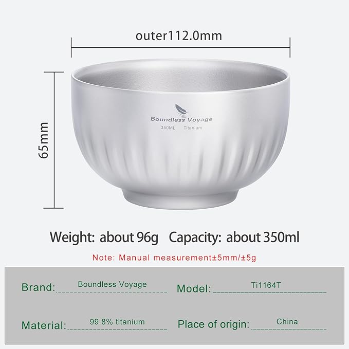 iBasingo 350ml Titanium Camping Bowl Double Wall Insulated Soup Bowl Ultralight Durable Portable Oatmeal, Rice, Food Tableware for Outdoor Backpacking, Hiking, Travel Ti1164T