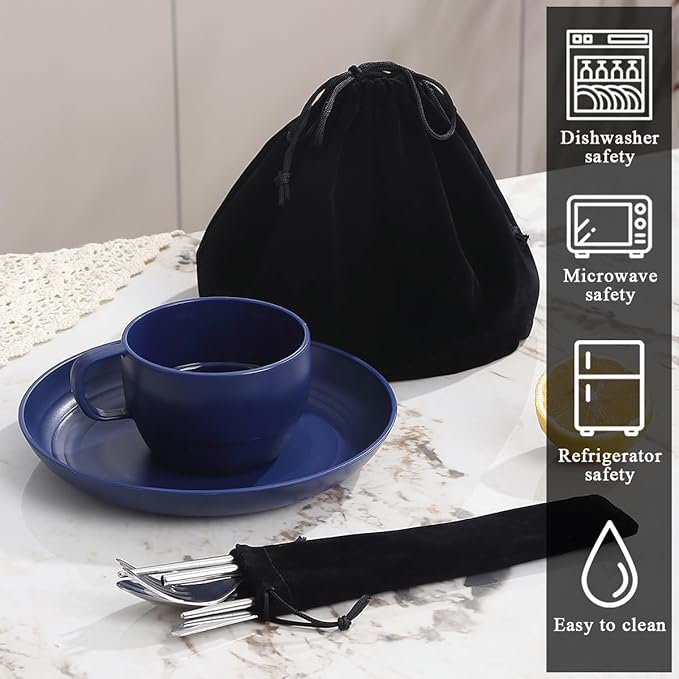 Camping Essentials Set, HOMQUEN Camping Plates and Bowls Set, Coffee Mug, Travel Cutlery Set Include Spoon, Fork, Knife for Work, Outdoor,Picnic, Camp (Blue)