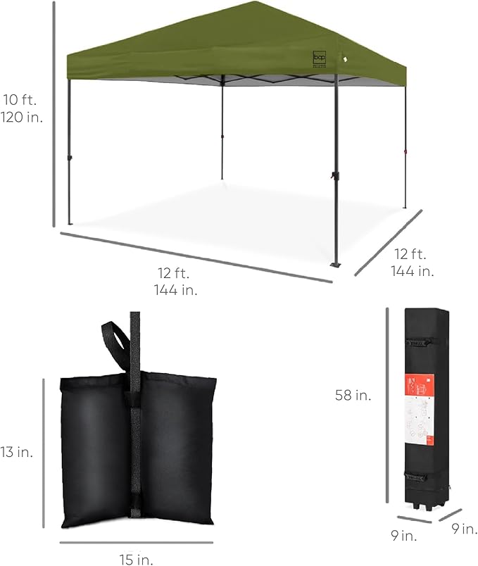 Best Choice Products 12x12ft Pop Up Canopy Tent, Outdoor Shade, 1 Person 1 Minute Set Up, Carry Case, 4 Weight Bags - Olive Green