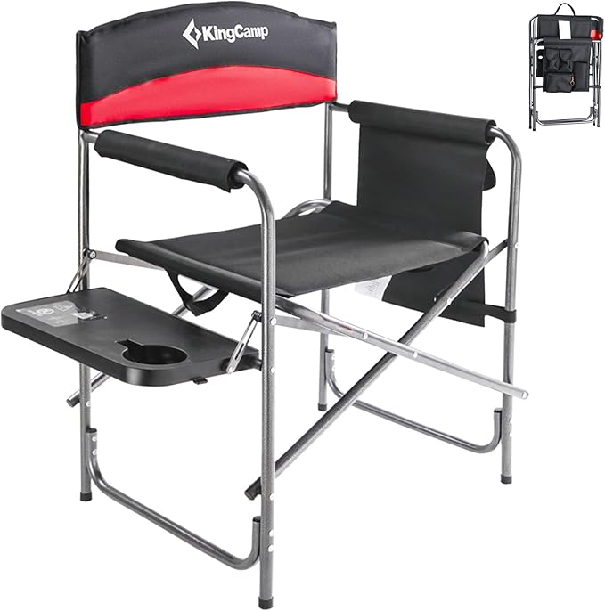 KingCamp Heavy Duty Camping Director Chair, Folding with Side Table & Storage, Red