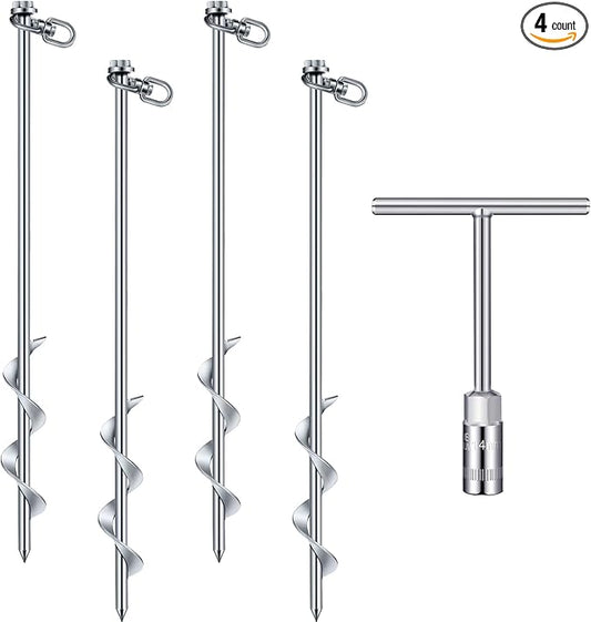 Hiboom Ground Anchor Screw Heavy Duty Earth Anchors Tent Stakes for High Wind with T Handle Hex Wrench Trampoline Hook Ground Stakes for Camping Canopies Car Ports Sheds