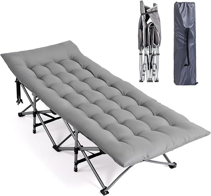 VINGLI Folding Camping Cot Bed,Camping Cots for Adults with Mattress, Foldable Cots for Sleeping with Pillow 1200D Layer Oxford for for Guest,Travel,Hiking Grey