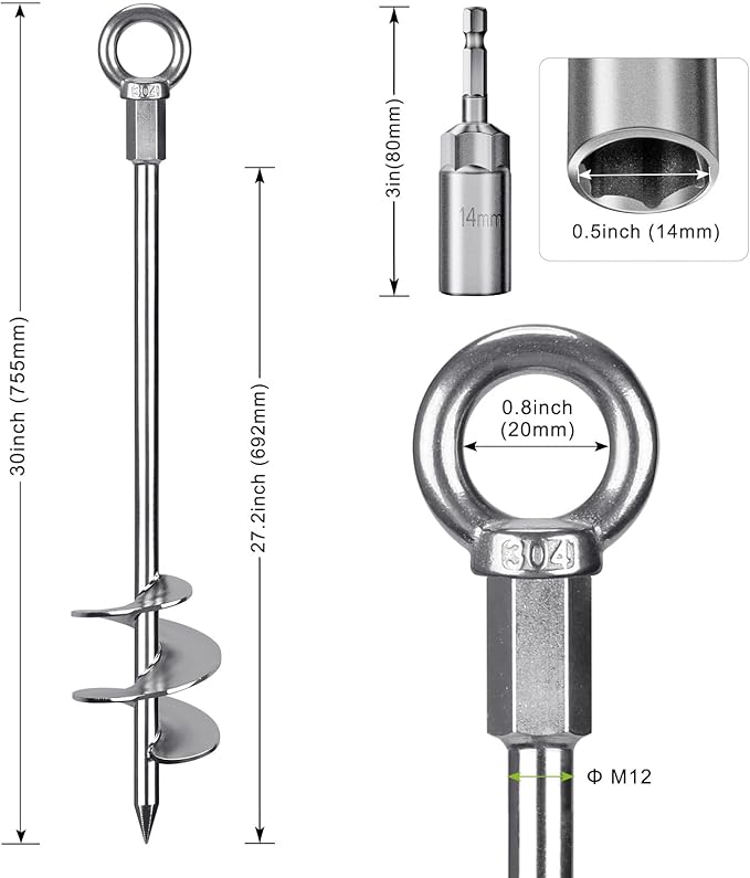 30'' Ground Anchors Screw in Heavy Duty 12mm Solid Steel, 3" Spiral Blade with Smooth Edges, Fully Welded Design for Mobile Home, Shed, Trampoline, Swing Set, Carport, Earth, Tent, 4Pack