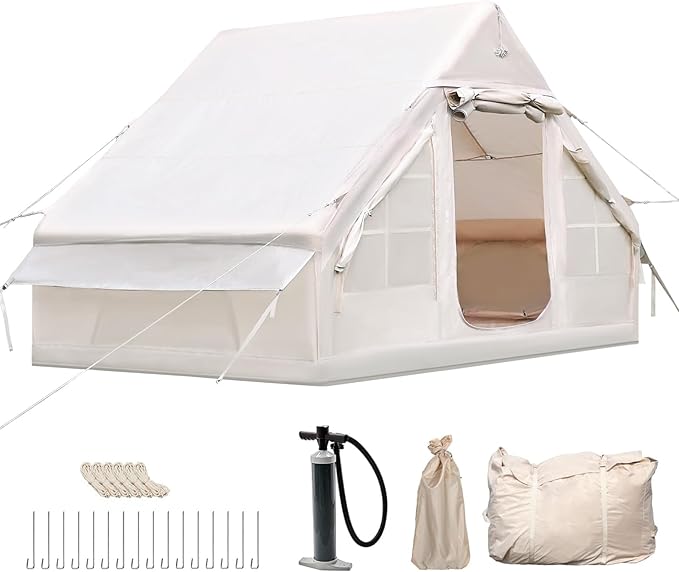 Inflatable Camping Tent, Glamping Inflatable Tent for Camping, 4 Season Water&Windproof Outdoor Oxford Blow Up Cabin Tent with Mesh Windows & Doors for 4-8 People Camping