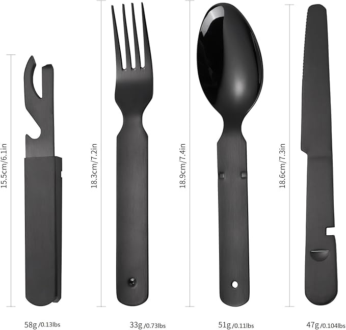 Portable Silverware Black Flatware Camping Cutlery Stainless Steel Spoon Fork Knife and Bottle Opener 4 Pieces Utensil Outdoor Travel Foldable Easy to Clean