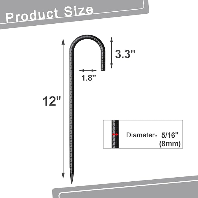 Rebar Stakes 12 Inch 32 Pack Tent Spikes Heavy Duty Metal J Hook, Fence Stakes for Trampoline, Fence, Camping Tent (32, J-12 x5/16 Black)