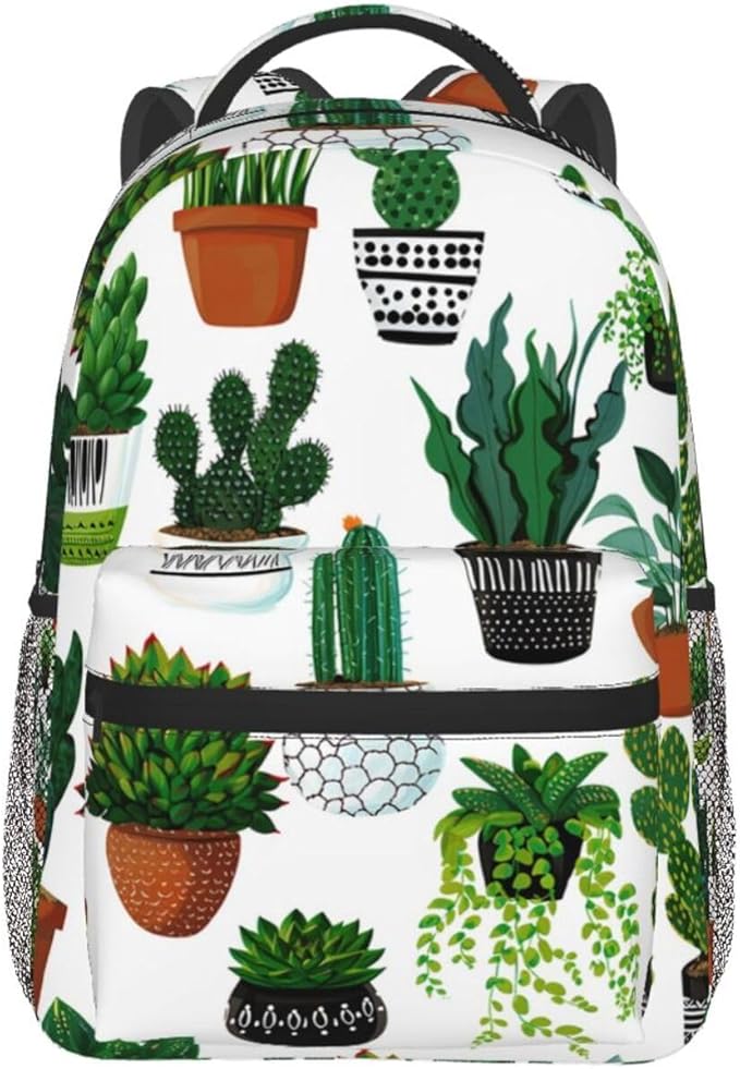 Daypack Backpack Anti-Theft Multipurpose Big Capacity Bookbag, Green Cactus Art Business Computer Bag With Side Pockets