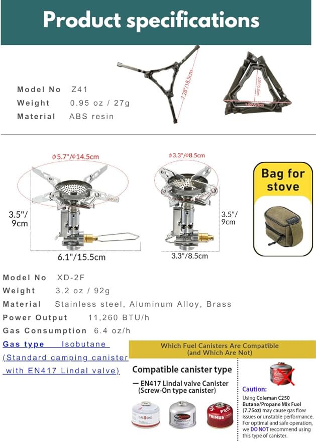 CAMPINGMOON Canister Top Stove Portable Compact Foldable w/igniter w/Gas Fuel Can Stabilizer XD-2F/Z41
