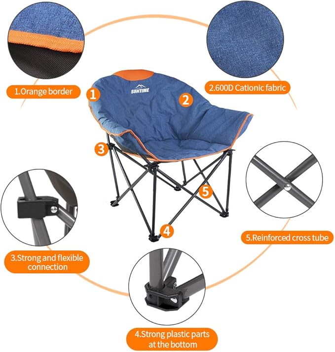 OUTDOOR LIVING SUNTIME Oversized Padded Camping Chair,Portable Comfy Outdoor Folding Moon Round Saucer Chairs for Adults with Holder and Carry Bag, Perfect for Hiking Lawn Patio Sports（Denim 2 Pack）