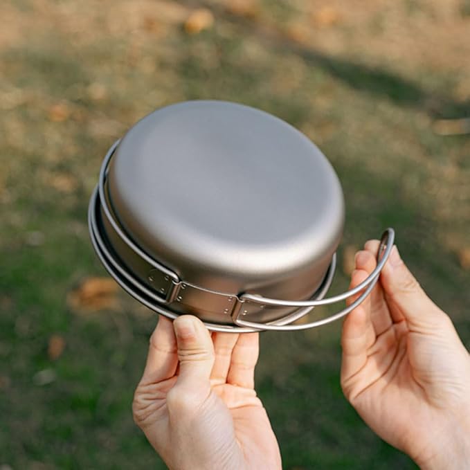 BY-J 2 Piece-Set, Outdoor Titanium Frying Pan with Folding Handle Camping Hanging Cookware Hiking Picnic Ultralight Tableware