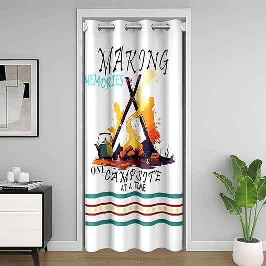 Camper Adventure Door Curtain,Geometric Polka Dot Stripe RV Trailer Blackout Curtain,Bonfire Campfire Rustic Farmhouse Bedroom Doorway Living Room Decor,White Privacy Door Drape 1 Panel,34" W X 80" L
