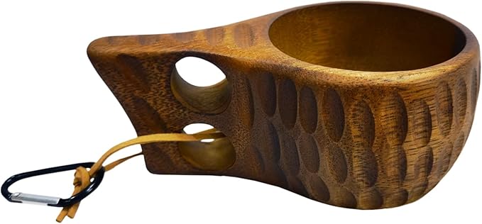 Sanrich Wooden Mug Kuksa Handcrafted Wood Camp Mug Survival Wood Cup Camping Cups & Mugs with Carabiner Leather Lanyard For Drinking Tea Coffee (8 ounces-Tortoiseshell-2 handle holes)