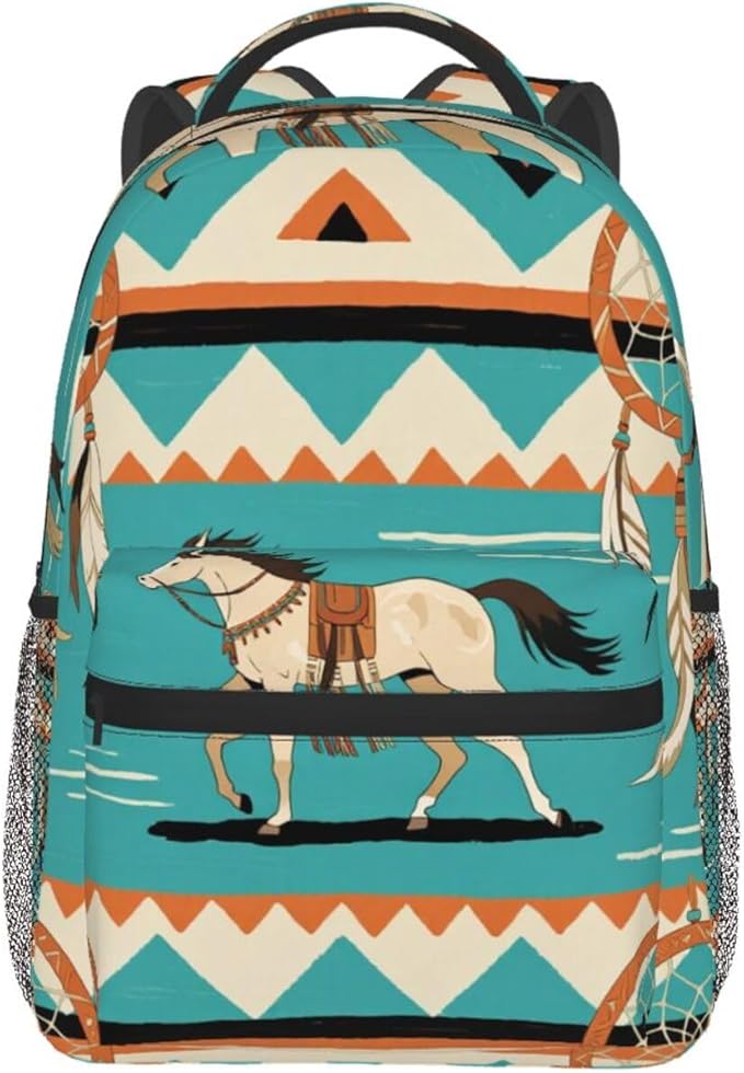 Men Women Lightweight Southwest Native American Ethnic Horse Dreamcatcher Art Backpack Large Capacity Carry On Bag With Padded Straps for Sports Work Walking Cycling