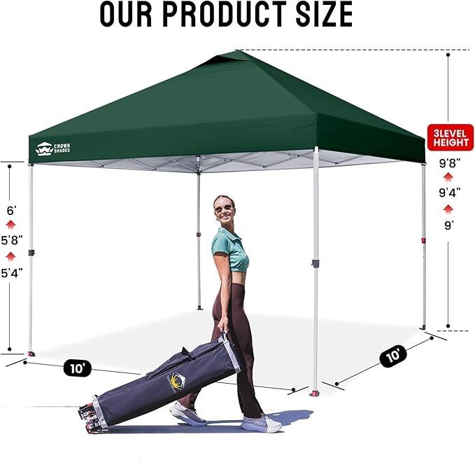 CROWN SHADES 10x10 Pop Up Canopy - Beach Tent with One Push Setup - Easy Outdoor Sun Shade for Events, Parties, Camping - Gazebo with STO-N-Go Cover Bag, Silver Coated Top, Forest Green