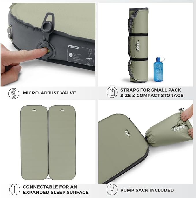 CORE Regular Self Inflating Camping Bed | Perfect Blow Up Mattress for Travel Car Camping & Outdoor Use | Air & Foam Filled Inflatable Sleeping Pad for Adults