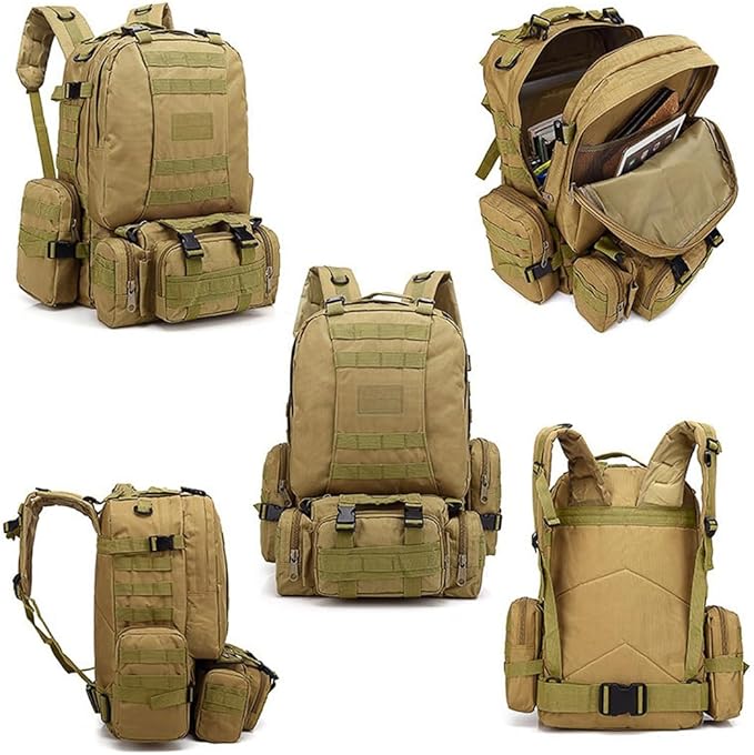 Tactical Backpack Military Army Rucksack 60L Large Assault Pack Camping Detachable Molle Bag (Mud Color)