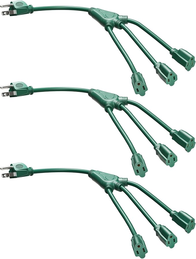 DEWENWILS Extension Cord Splitter 1 to 3, 16/3 Heavy Duty SJTW Wire, 3 Prong Splitter 3 Way, Outdoor Cord Splitter for Halloween Decor Christmas Lights, ETL Listed, Green, Pack of 3