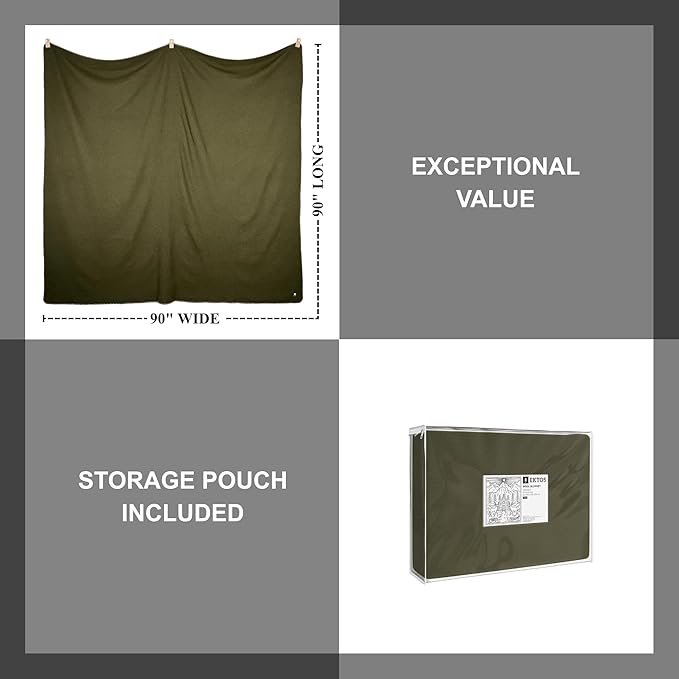 EKTOS 100% Virgin Wool Blanket, 90" x 90", Large, Warmest for Extreme Cold Camping (Olive Green, Queen Size)