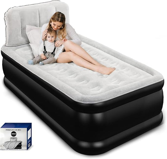Twin Air Mattress with Headboard, Built-in Pump, 600 lbs Heavy-Duty Support, 48-Hour Leak-Tested PVC, 19" Raised Comfort Design, 2.5 Min Fast Inflation, Inflatable Mattress for Home, Guests & Camping