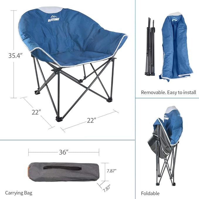 OUTDOOR LIVING SUNTIME Oversized Padded Camping Chair,Portable Comfy Outdoor Folding Moon Round Saucer Chairs for Adults with Holder and Carry Bag, Perfect for Hiking Lawn Patio Sports（Blue 2 Pack）