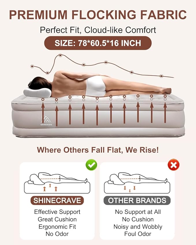 Luxury Air Mattress Queen with Built in Pump and Light,Queen Air Mattress with Built in Pump,15.8" Height,Self Inflating with Flocking Fabric, Ideal for Camping, Guests, and Hiking