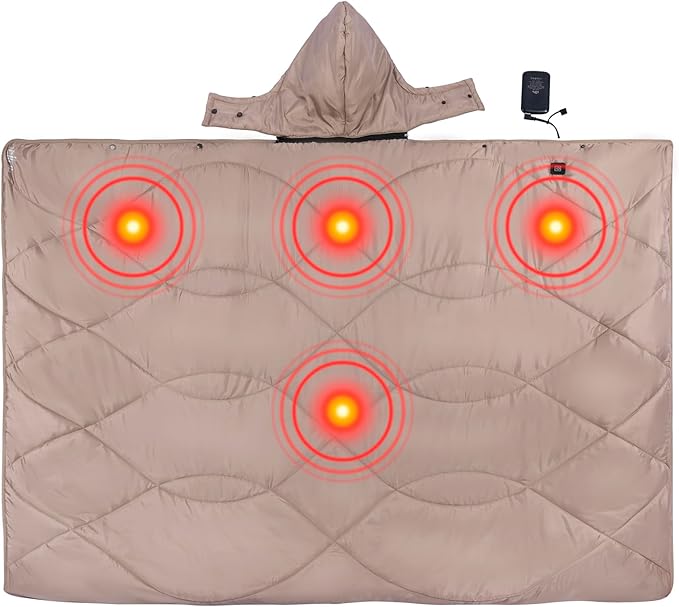 iClimb Heated Camping Blanket with Hood and Battery Pack (Khaki)