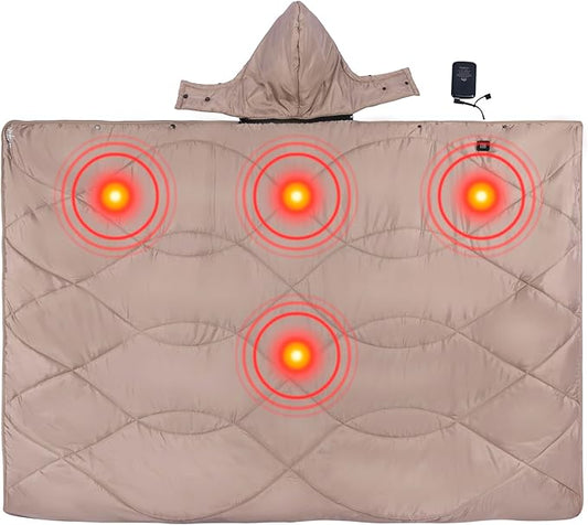 iClimb Heated Camping Blanket with Hood and Battery Pack (Khaki)