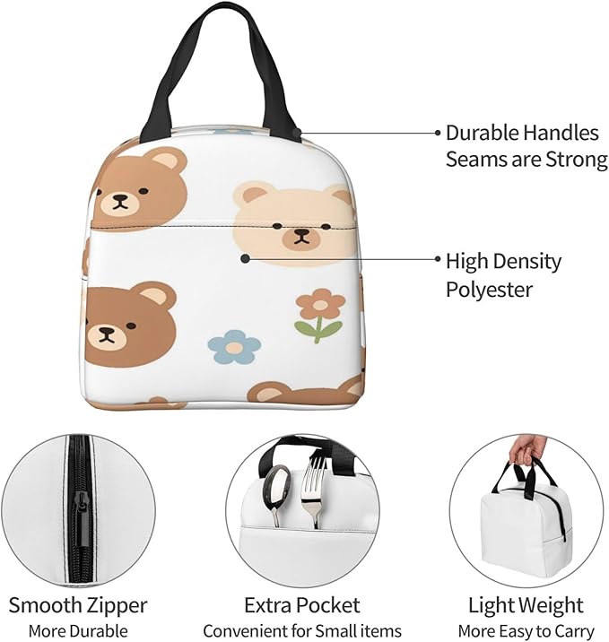 Cute cartoon bear faces flowers digital art Insulated Lunch Bag Oxford Cloth & Thick Foil Cooler Warmer Tote Waterproof Wear-Resistant with Front Pocket for Work Picnic Outdoor Travel